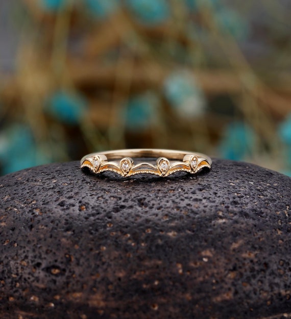 Vintage Milgrain Diamond Wedding Band: Yellow Gold Curved Stackable Ring, Anniversary Bridal Matching Band