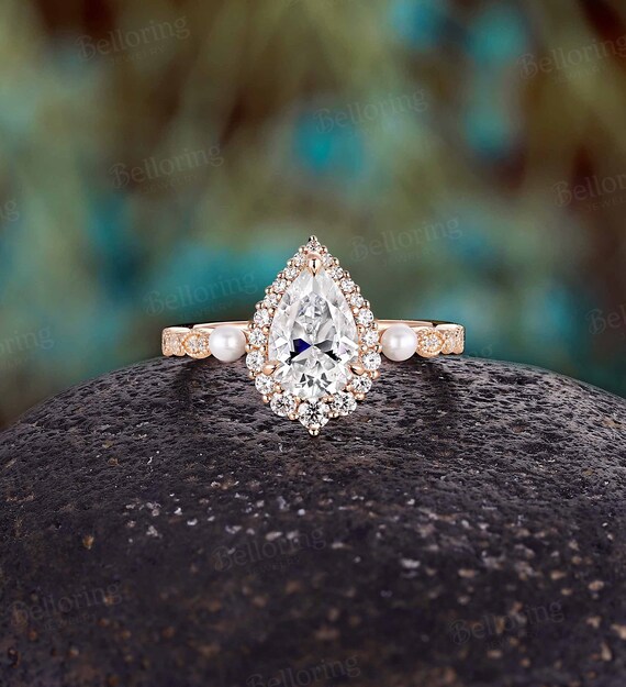 Pear Shape Moissanite Engagement Ring Rose Gold Akoya Pearl Ring