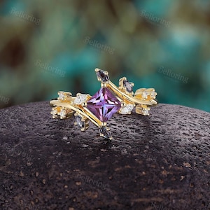 Vintage Princess Cut Alexandrit Verlobungsring Gold Ring Natur inspiriert Ring Blattring Ehering Jahrestag Versprechen Ring