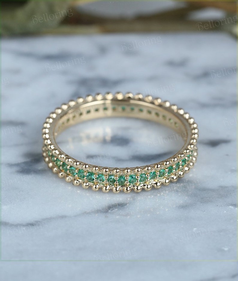 Vintage Emerald Straight Wedding Band - 14K Yellow Gold Unique Full ...