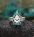 Pear Shaped Moissanite Engagement Ring Set,Vintage Rose Gold Turquoise Wedding Ring Set,Art Deco Moissanite Diamond Rings Promise Bridal Set