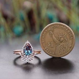 Vintage Alexandrite engagement ring set art deco diamond moissanite halo rings pear shaped rose gold ring unique anniversary bridal set image 6