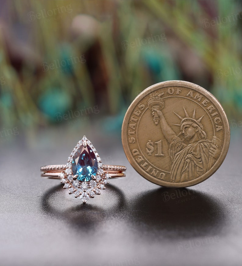 Vintage Alexandrite engagement ring set art deco diamond moissanite halo rings pear shaped rose gold ring unique anniversary bridal set image 6