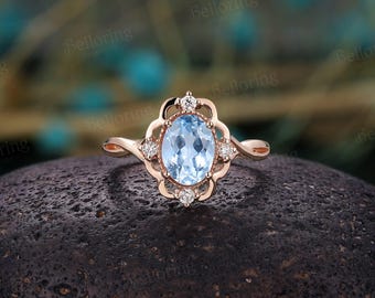 Vintage oval aquamarine engagement ring Rose gold art deco diamond rings antique twisted band ring promise anniversary wedding ring