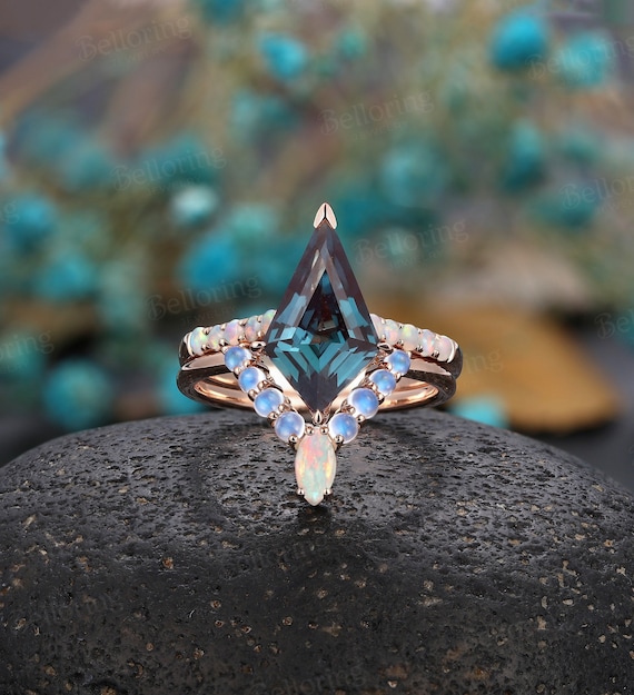 Vintage Alexandrite Engagement Ring Set Kite Shaped Rings Art Deco Marquise Opal Wedding Band Moonstone Stacking Band Anniversary Bridal Set Etsy Canada