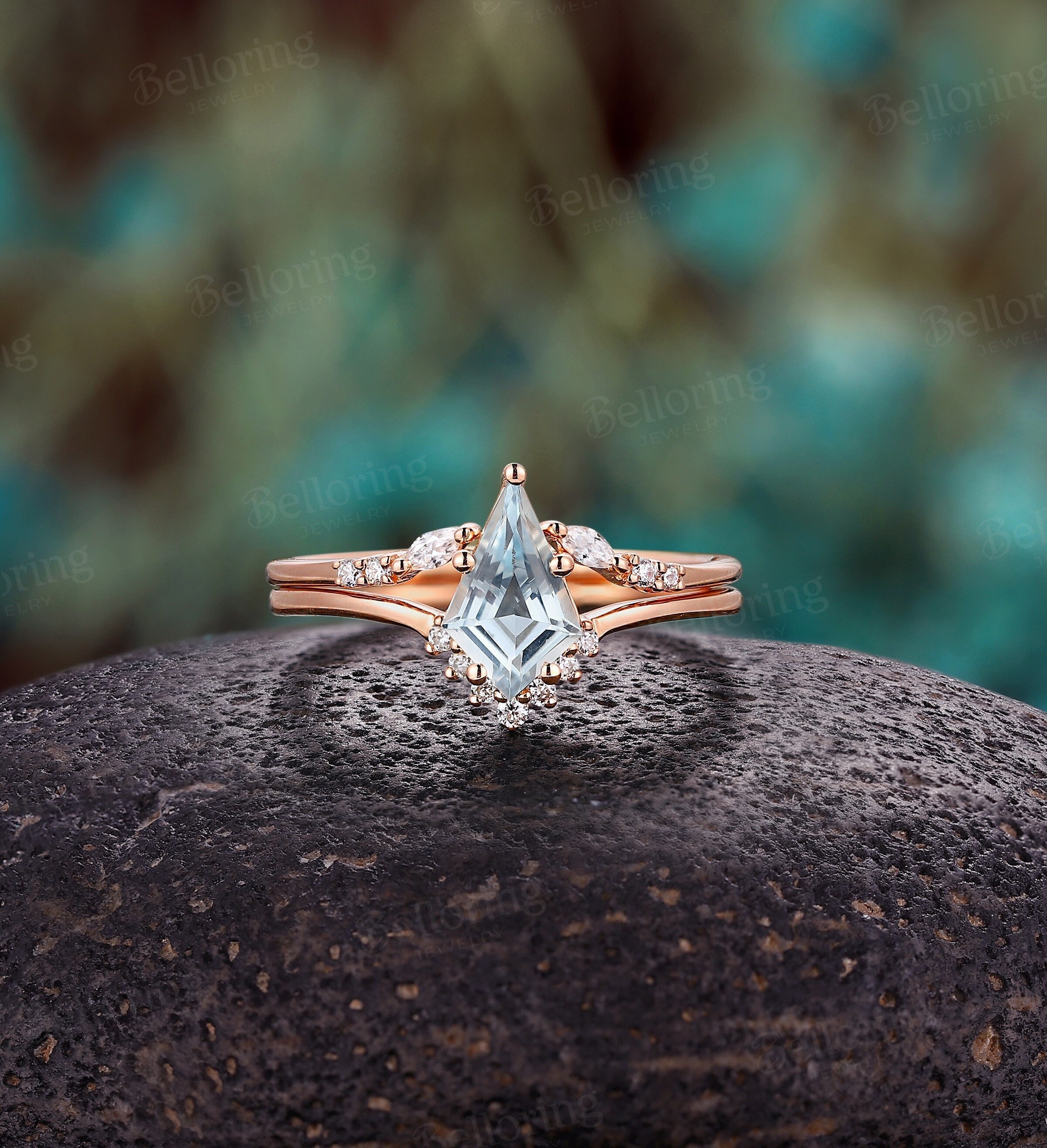 Vintage Kite shape Sky Blue Topaz engagement ring set Rose gold bridal set unique Moissanite Diamond ring Marquise ring promise ring
