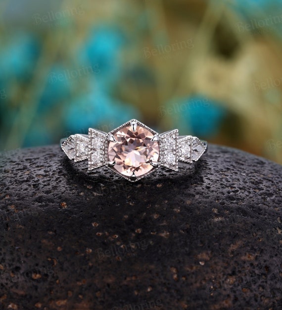 Round morganite engagement ring white gold art deco diamond moissanite  rings vintage unique wedding rings bridal promise anniversary ring
