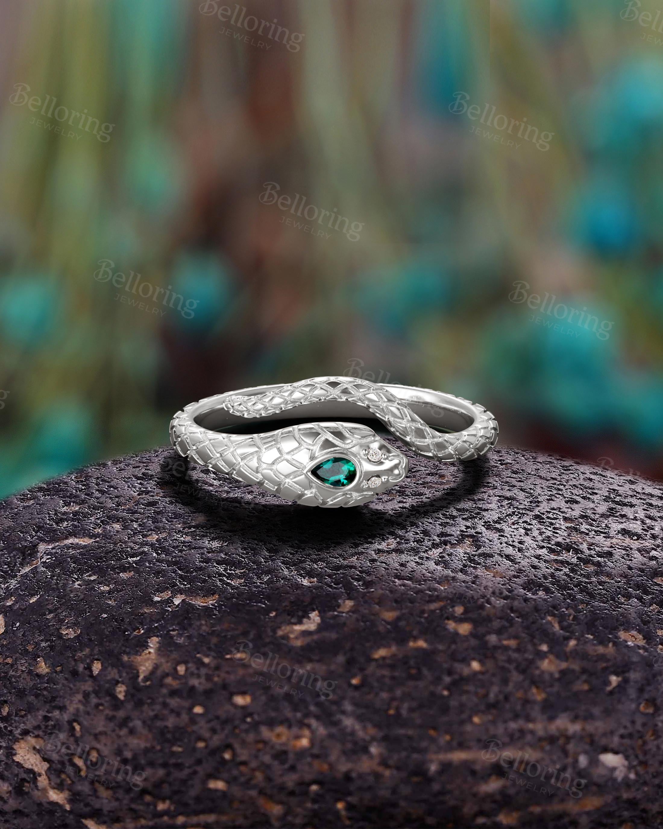 Nature Inspired Emerald Snake Band,14k Yellow Gold Serpent Ring