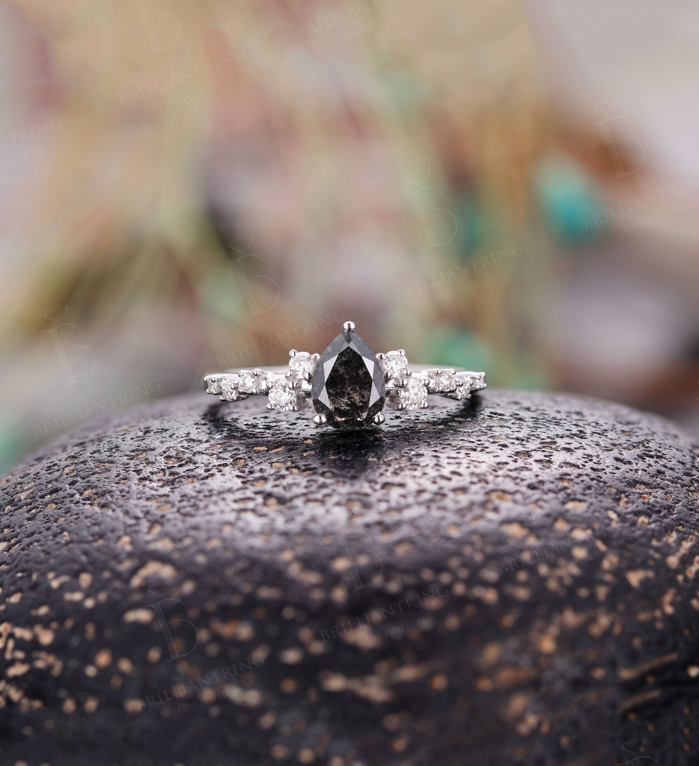 Salt and Pepper Diamond engagement ring pear shaped vintage Etsy