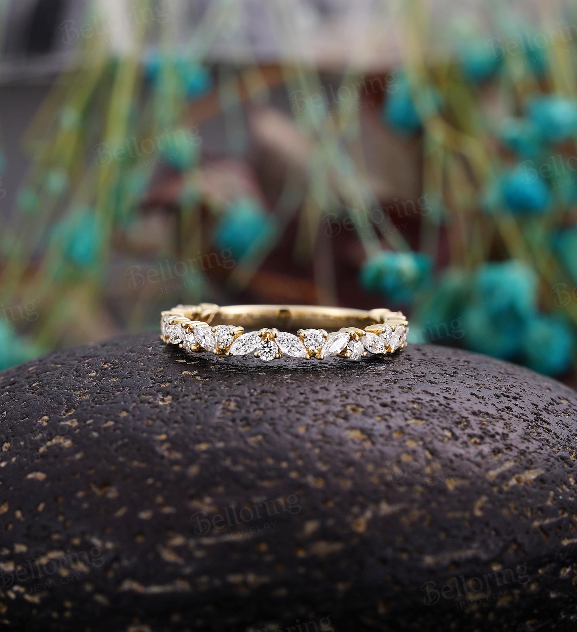 Vintage Marquise Moissanite Wedding Band,14K Yellow Gold 3/4 Eternity Band,Antique Stacking Matching Bands,Unique Anniversary Promise Ring