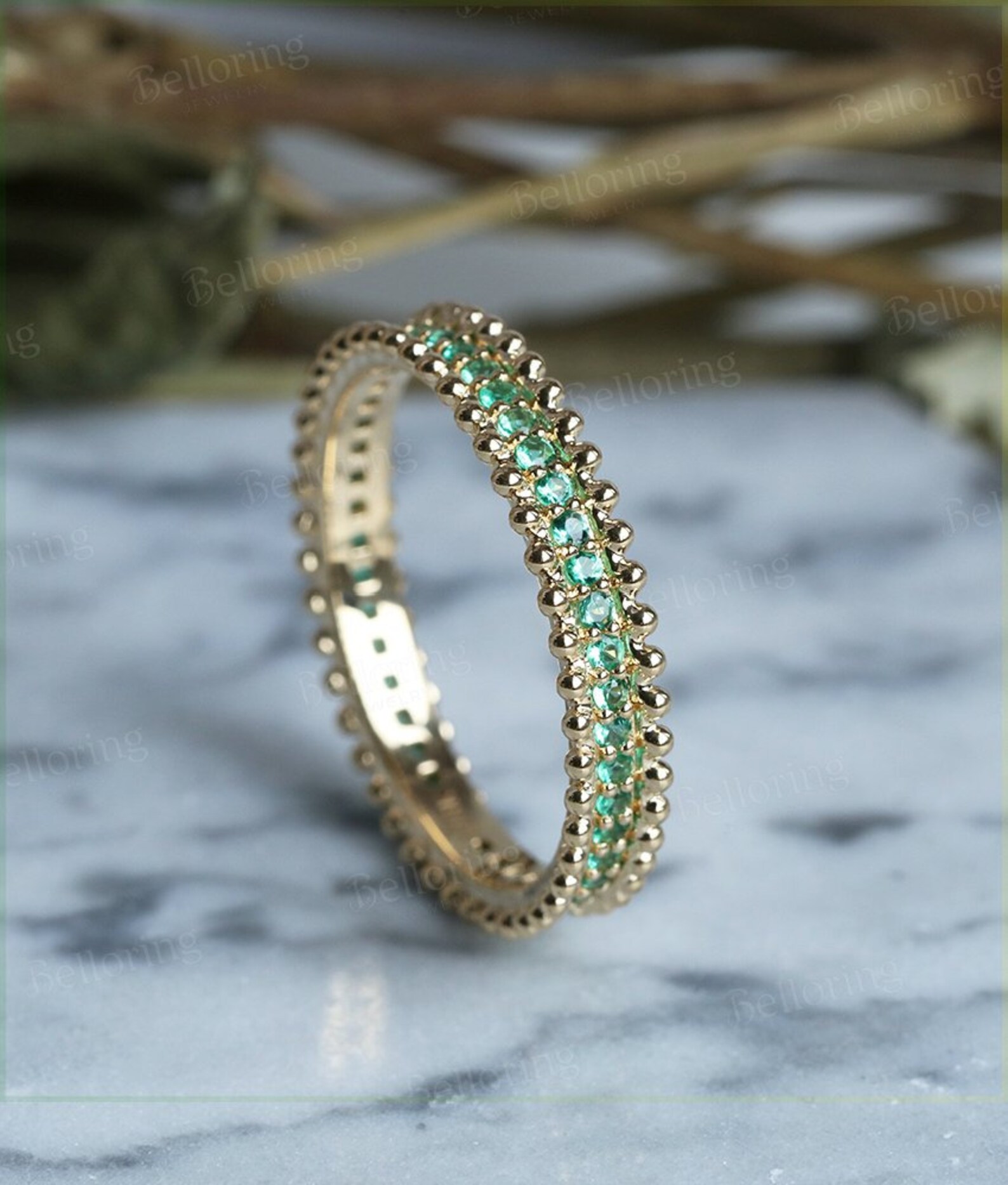 Vintage Emerald Straight Wedding Band - 14K Yellow Gold Unique Full ...