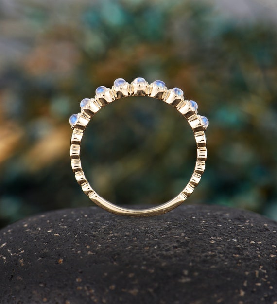 Moonstone Straight Wedding Band Unique Yellow Gold Half