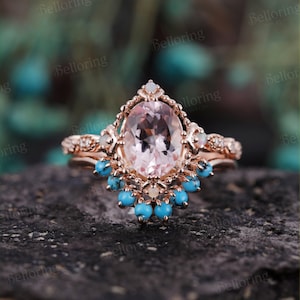 Oval morganite engagement ring set art deco opal diamond wedding rings vintage turquoise curved band antique anniversary bridal set