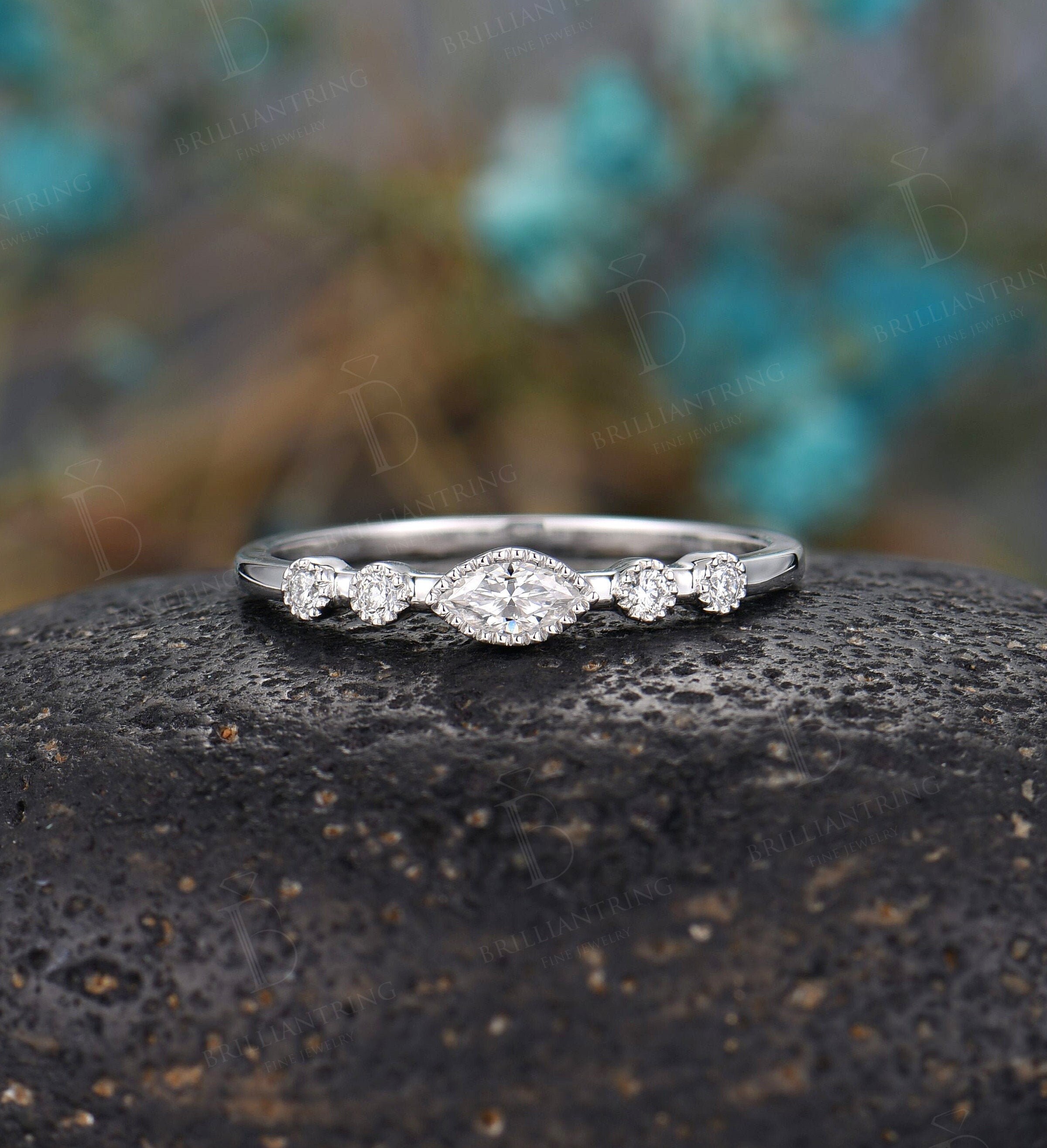 Sterling Silver Marquise Art Deco Wedding Band Ring With CZ - Size 4 To 10, Stackable 7 thumbnail image