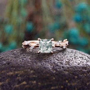 Vintage Princess Moss Agate Engagement Ring - Rose Gold Ring | Nature Inspired Leaf Ring | Marquise Moissanite Ring Promise Ring Women