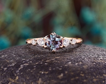 Vintage Round Alexandrite Engagement Ring - Moissanite 5-Stones Wedding Ring in 14K Gold | Delicate Anniversary Promise Ring By Belloring