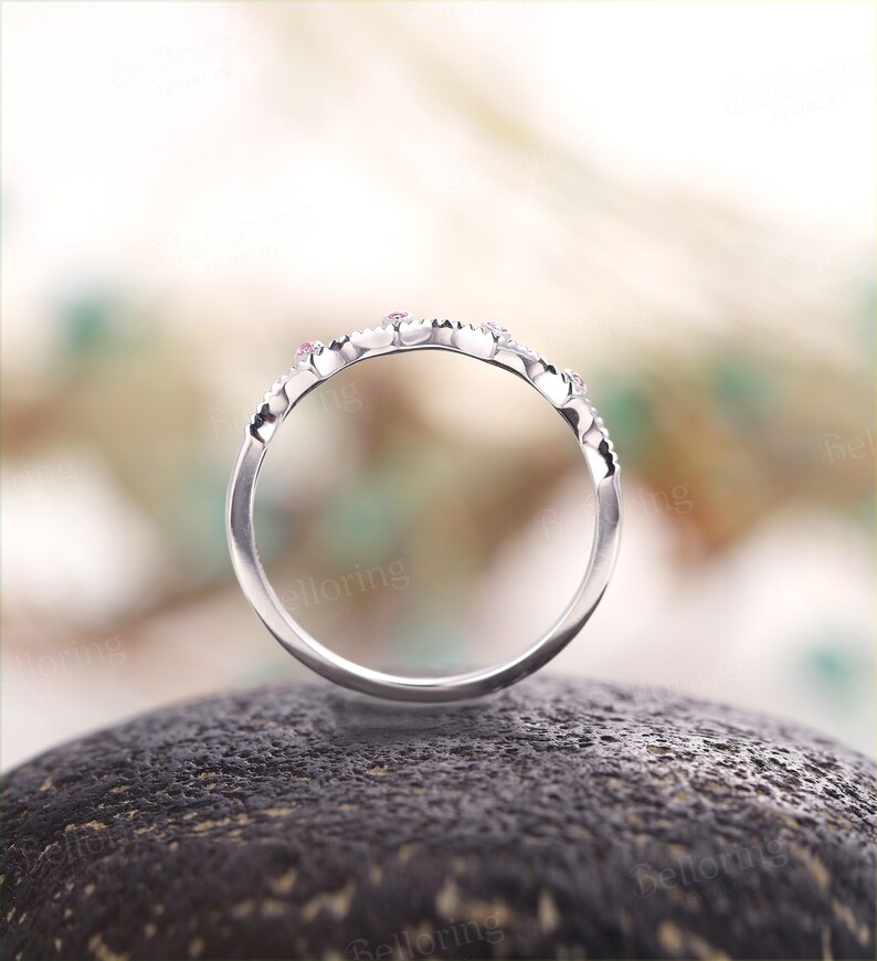 Pink sapphire vintage wedding band white gold woman Art Deco unique Antique Dainty half eternity Milgrain Promise anniversary wedding ring
