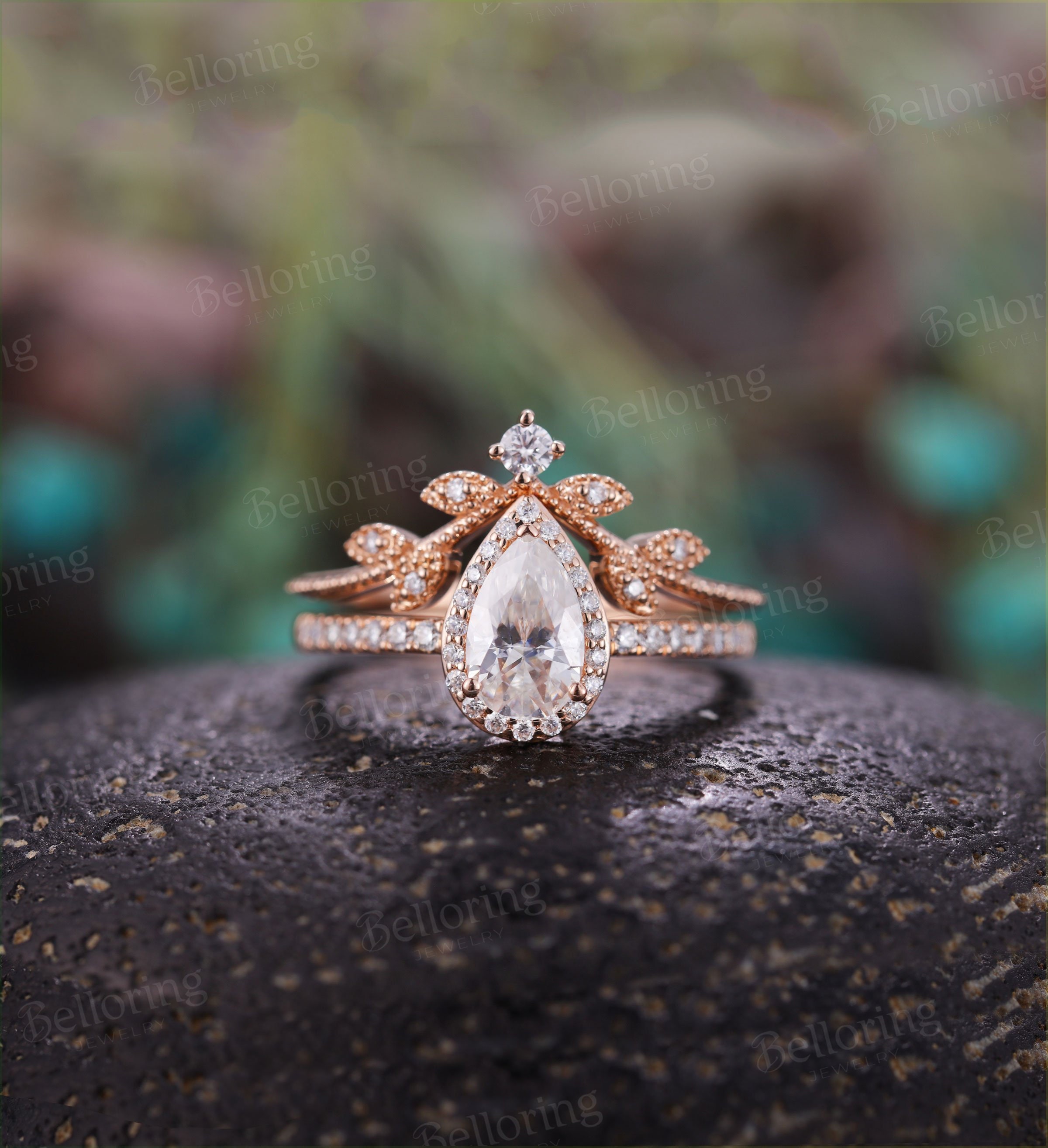 Moonstone engagement ring set art deco pear shaped ring moissanite ring unique wedding band Norse Viking ring stack wedding ring set