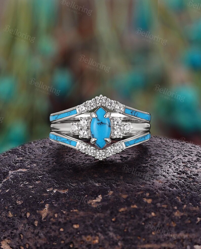 Vintage Blue Turquoise Engagement Ring Set - 2pcs Bridal Set With ...