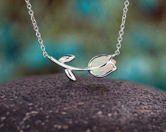 Vintage Natural Opal Necklace,Delicate Leaf Flower Pendant,14k Rose Gold Pear Shaped Opal Dainty Tulip Bridal Wedding Necklace Mom&#39;s Gift
