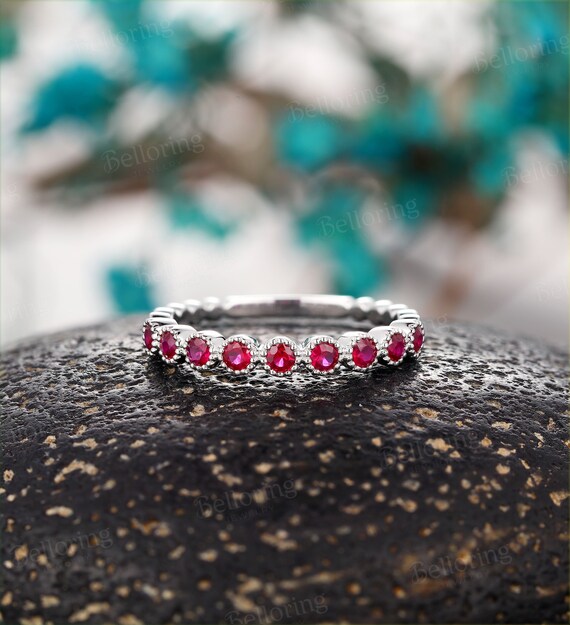 Ruby Straight Wedding Band Unique White Gold Half Eternity