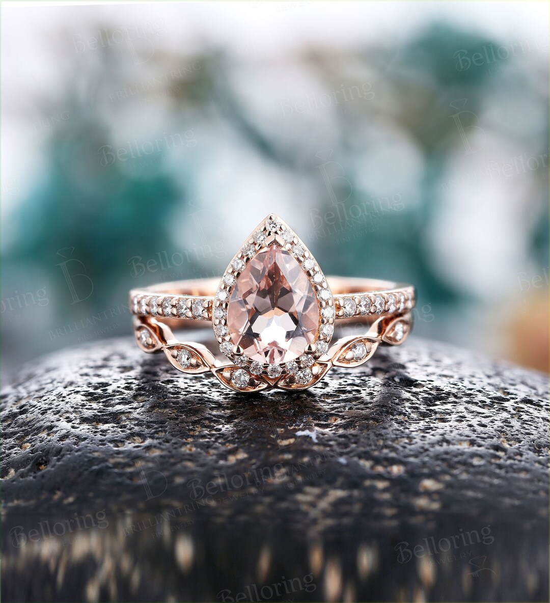 Pear Shaped Morganite Engagement Ring Set Vintage Rose Gold Bridal Set ...