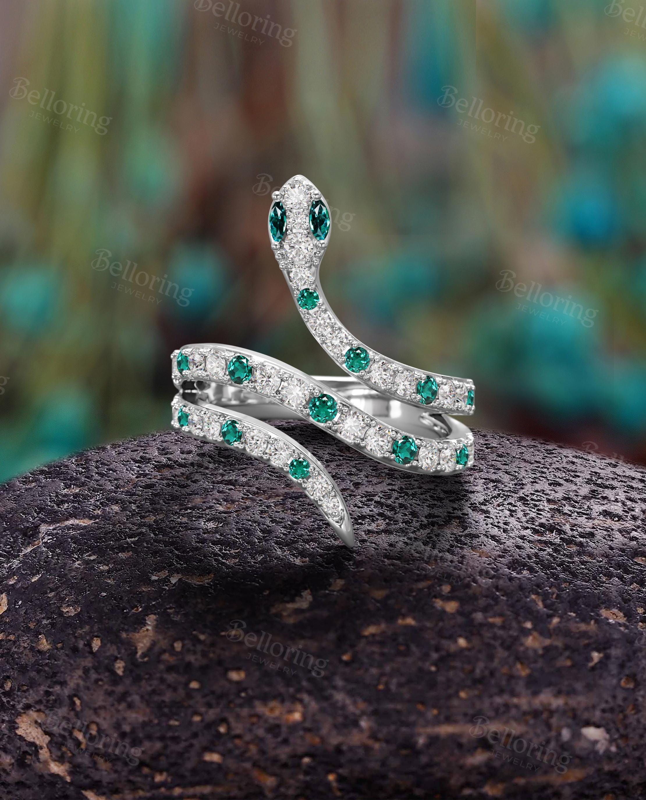 Serpent Wrap Snake Ring With Emerald Eyes – Double Coil White Gold