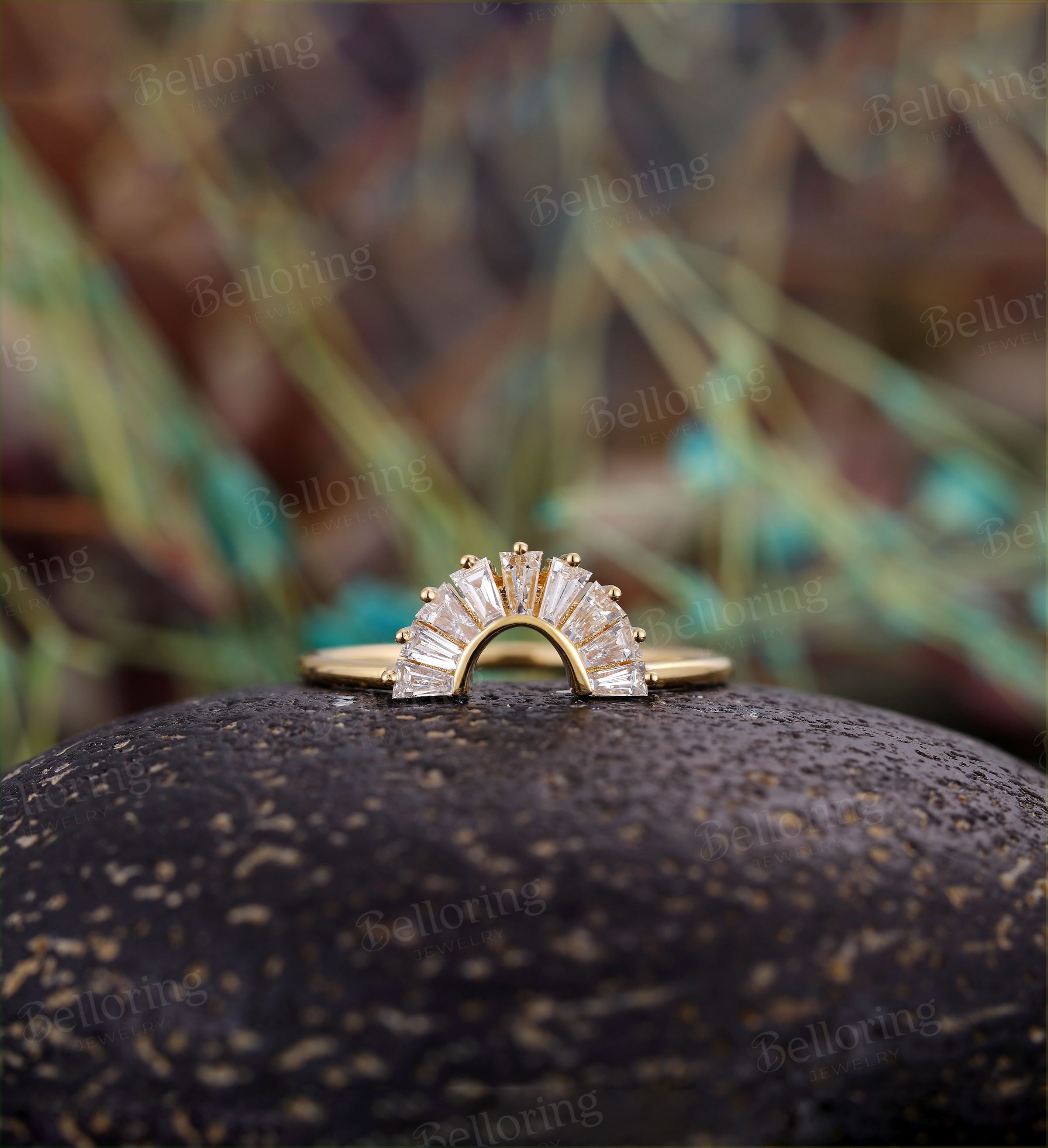 Baguette Diamond CZ Wedding Band Curved Wedding band Yellow Gold Band Vintage Antique Matching stacking band Bridal Anniversary band A101