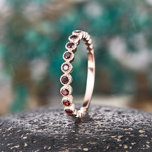 Vintage Garnet Wedding Band,Unique 14K Rose Gold Half Eternity Matching Rings,Antique Stacking Ring,Anniversary Promise Ring For Women