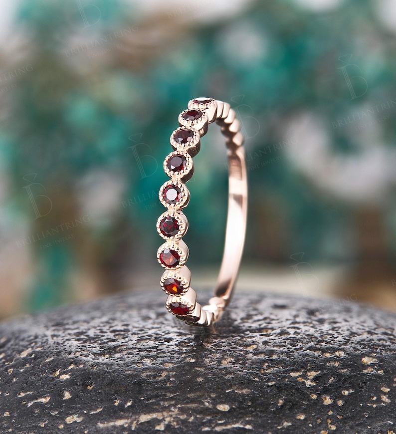 Vintage Garnet Wedding Band: Unique Rose Gold Half Eternity Stackable Promise Ring for Her 10K Rose Gold