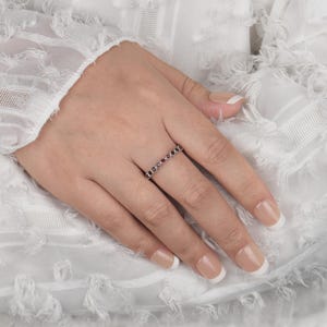 Vintage Garnet Wedding Band: Unique Rose Gold Half Eternity Stackable Promise Ring for Her image 2