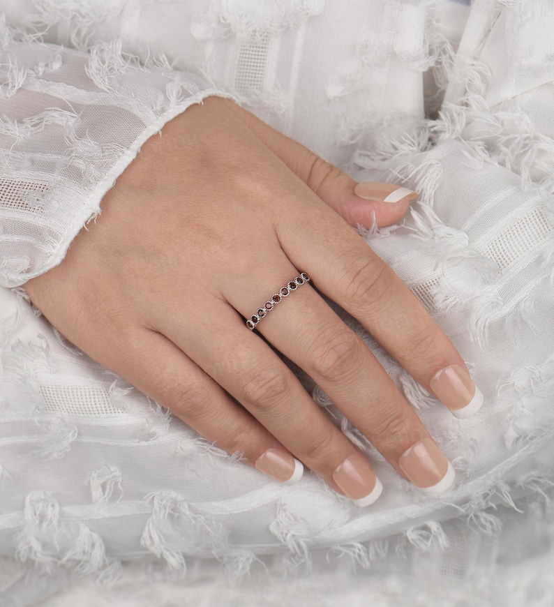 Vintage Garnet Wedding Band: Unique Rose Gold Half Eternity Stackable Promise Ring for Her image 2