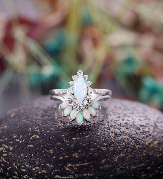 Marquise Opal Engagement Ring Set Vintage Art Deco Moissanite Halo Rings White Gold Opal Curved Wedding Band Unique Anniversary Ring Etsy Canada