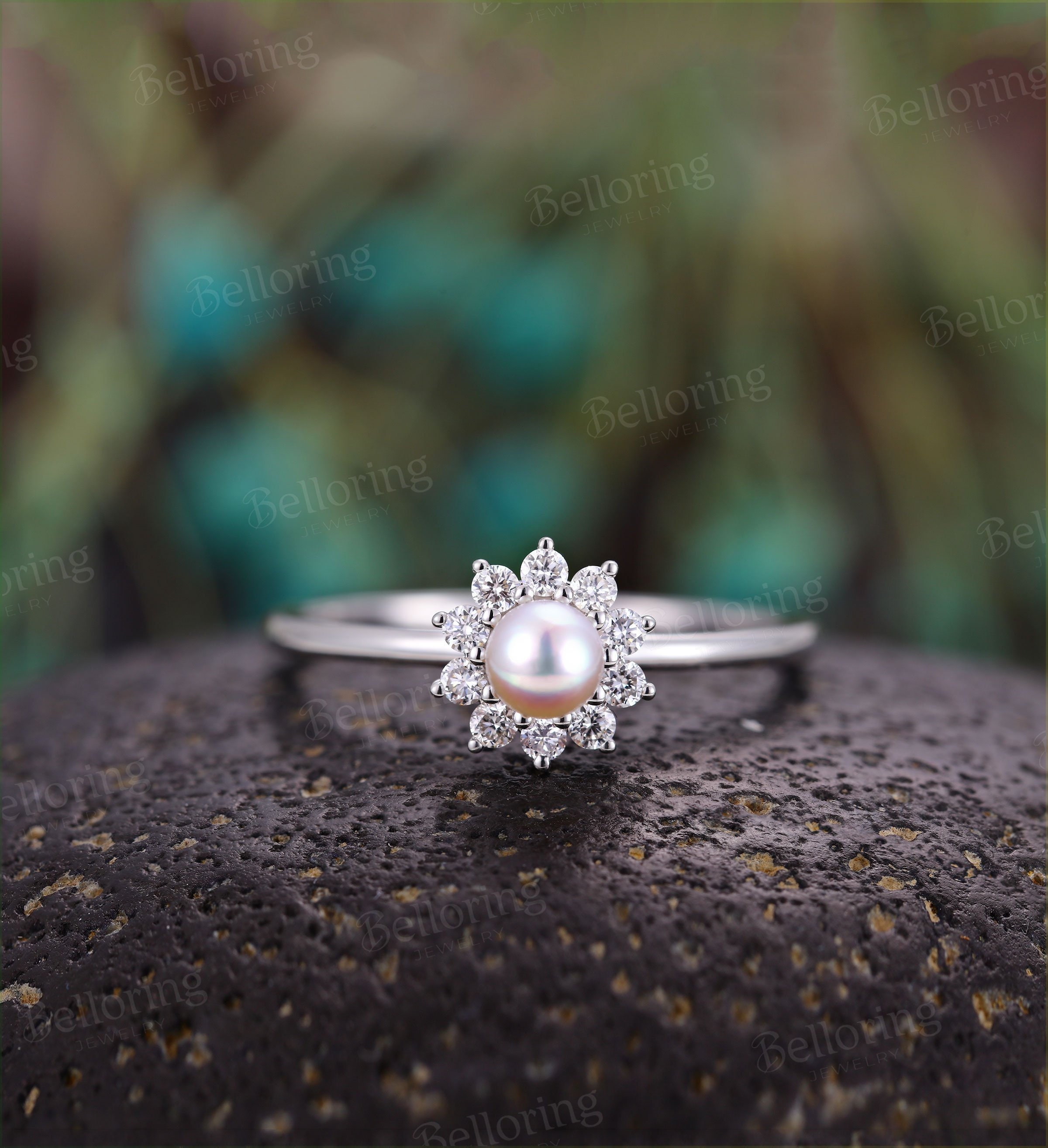 Vintage White Pearl Engagement Ring Art Deco Diamond Halo Rings