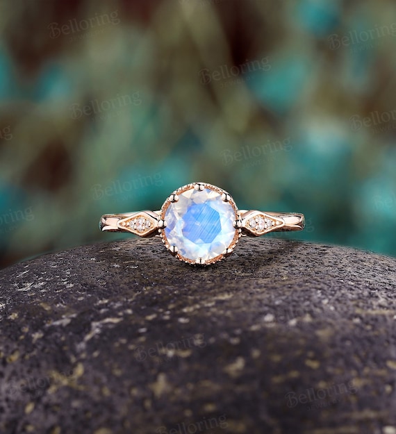Oval Shaped Moonstone Engagement ring Vintage Rings For Women Sterling  Silver Floral Unique Art Deco Ring Jewelry Anniversary