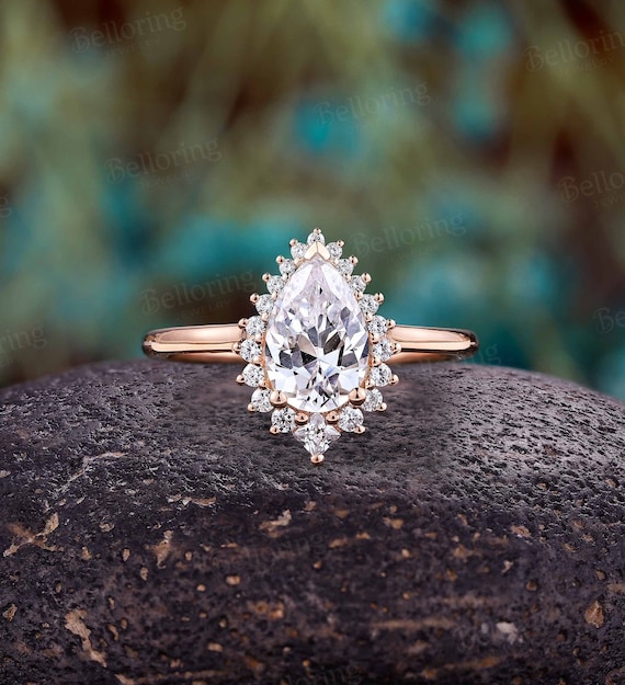 Rose Gold Vintage Pear Shaped Moissanite Diamond Simple Engagement Ring Bridal Halo Wedding Band Round Prong Ring Anniversary Promise Ring Etsy