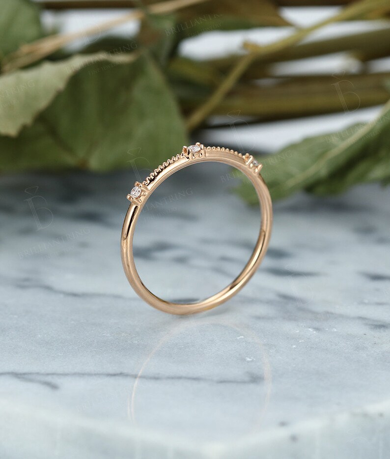 Rose gold wedding band women Vintage diamond Art deco half Eternity band antique Stacking matching unique Bridal set Milgrain Promise Gift