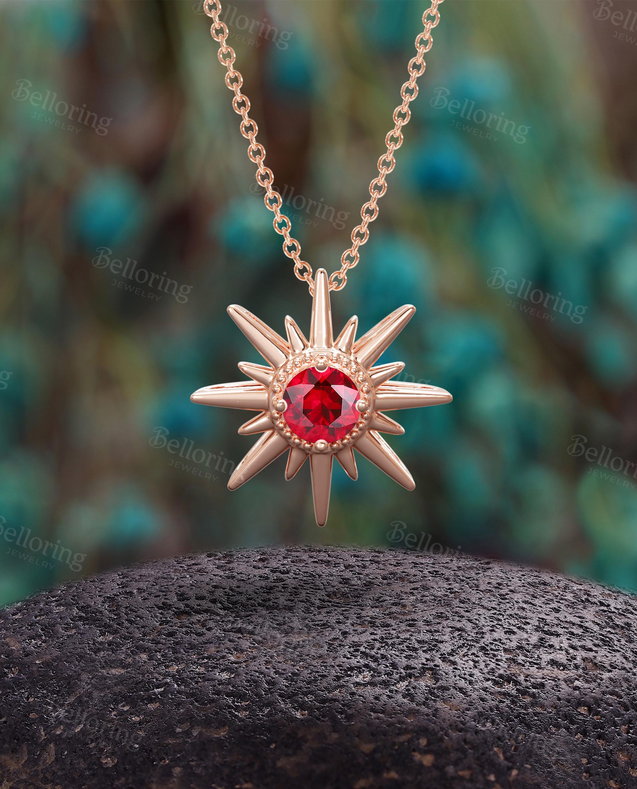 Unique Ruby Sunburst Necklace: 14K Rose Gold Celestial Pendant