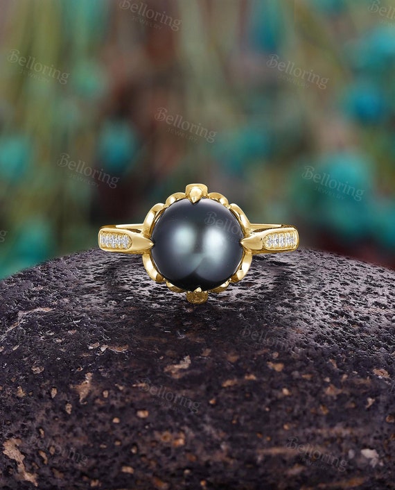 Unique Round Tahitian Pearl Engagement Ring: Black Pearl Yellow
