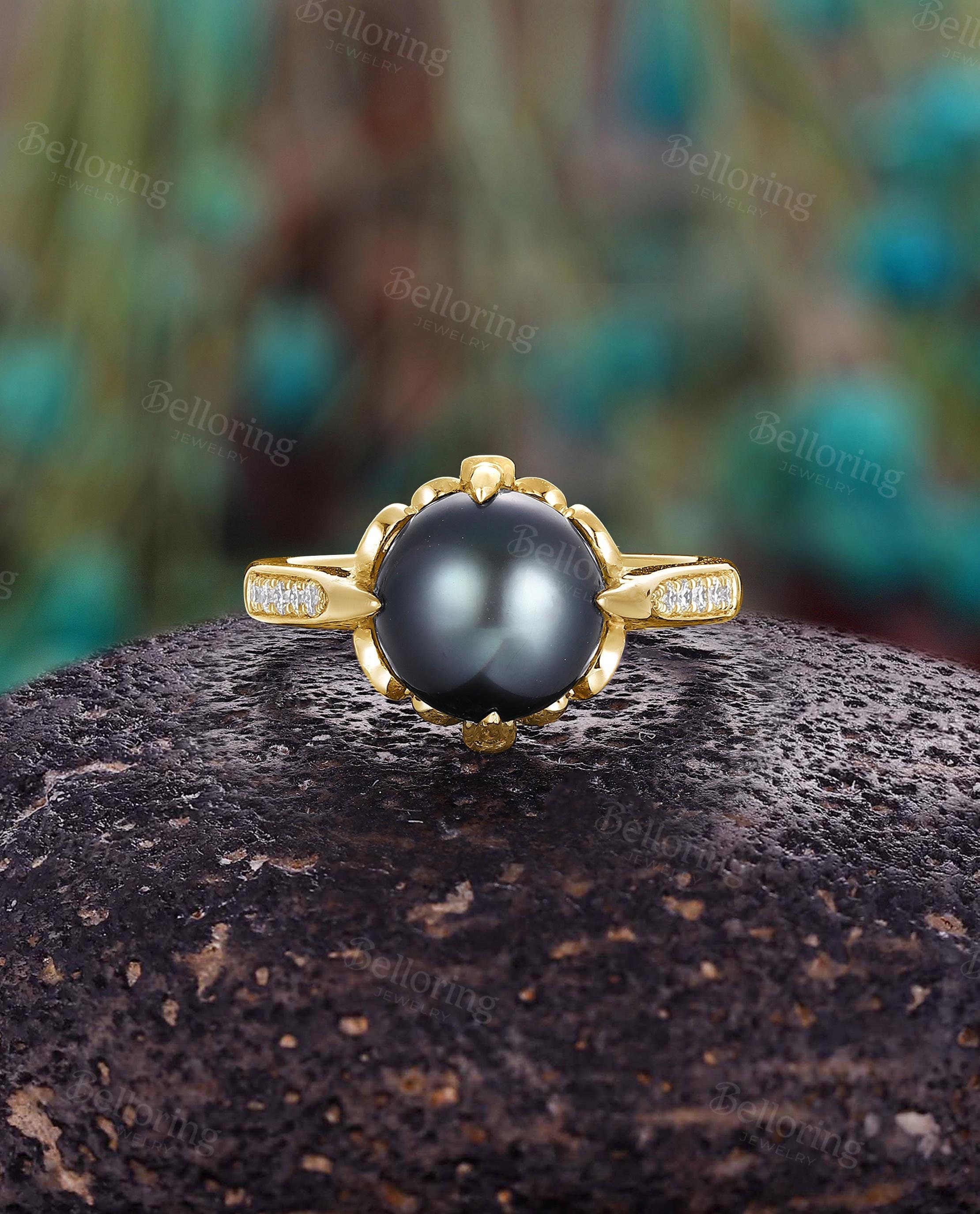 Unique Round Tahitian Pearl Engagement Ring: Black Pearl Yellow