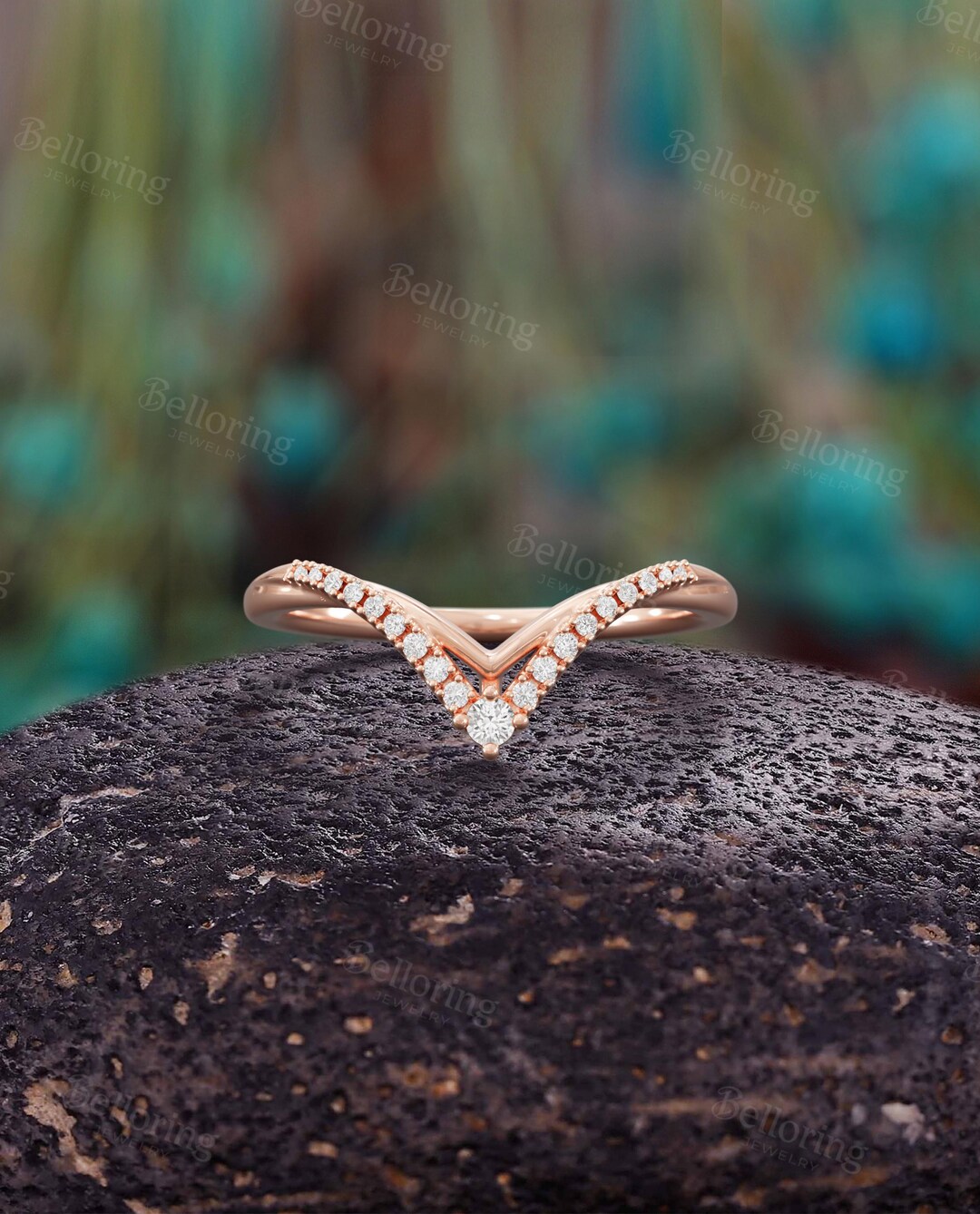 Unique Moissanite Curved Wedding Band,14k Rose Gold V Chevron Ring ...