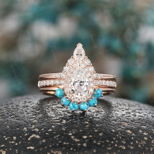 Vintage Pear shaped Moissanite engagement ring set unique rose gold moissanite ring turquoise wedding ring art deco anniversary bridal set