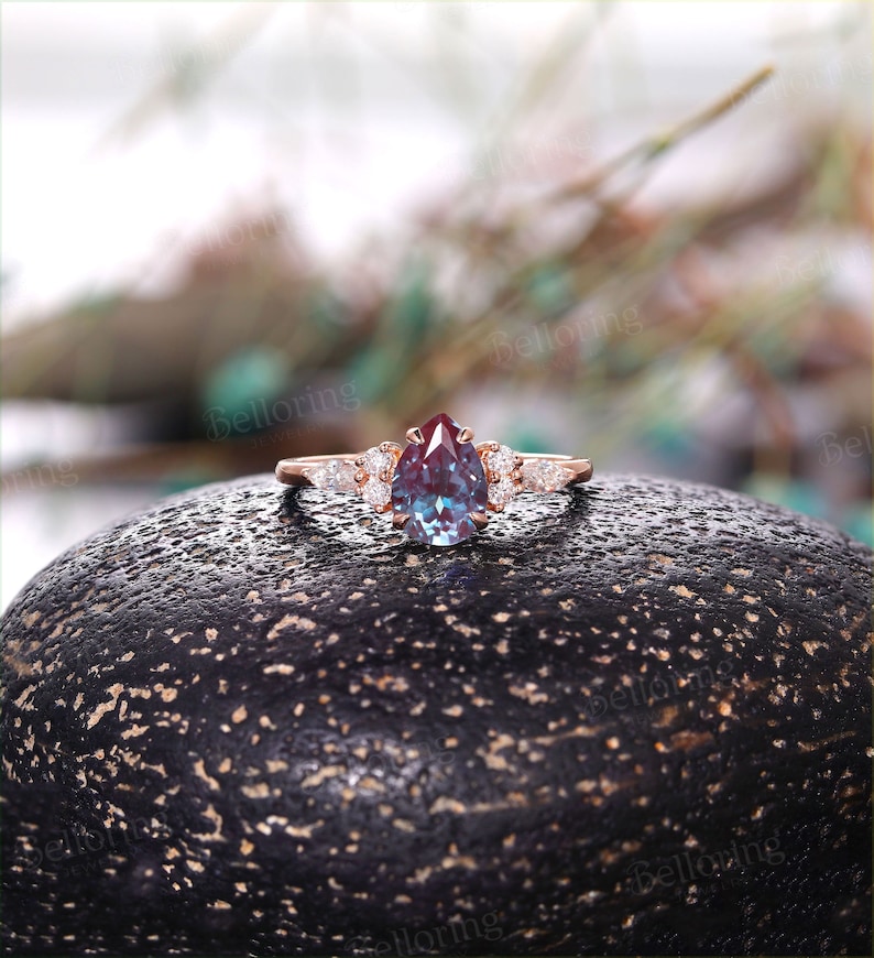 Vintage Pear shaped Alexandrite engagement ring rose gold marquise moissanite ring  art deco diamond bridal ring antique anniversary ring 