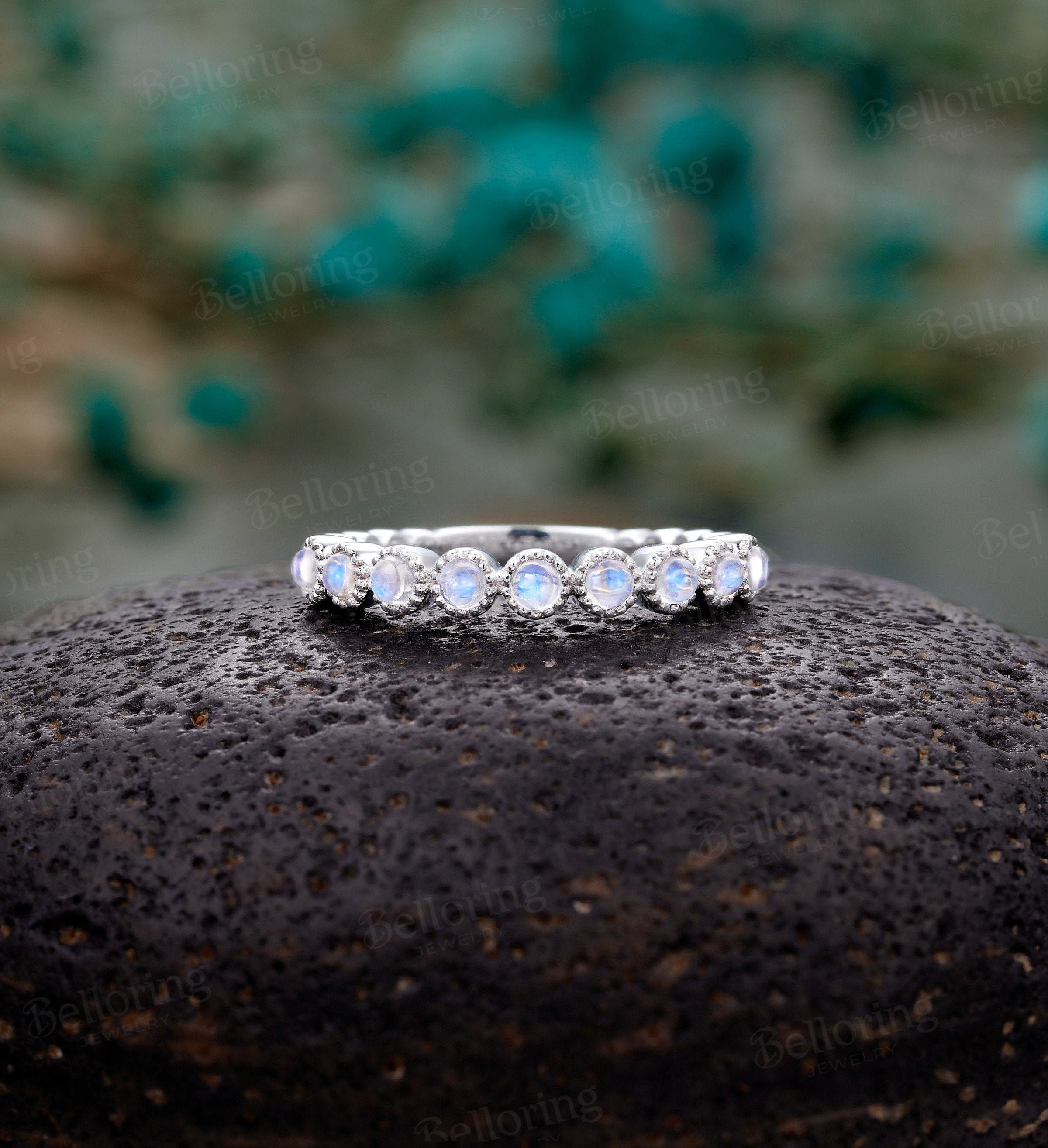Vintage Moonstone Wedding Band Unique White Gold Half Eternity Stacking Bands Antique Stacking Ring Bridal Engagement Band Anniversary Band Etsy