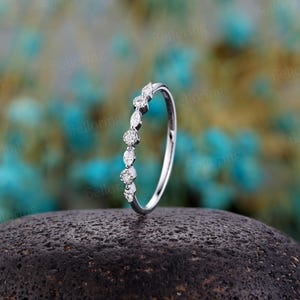 Art Deco Diamond Wedding Band,Marquise Moissanite Half Eternity Ring,Vintage 14K Yellow Gold Stacking Band,Dainty Promise Matching Band image 3