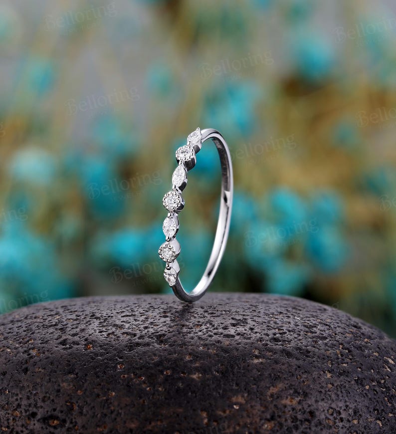 Art Deco Diamond Wedding Band,Marquise Moissanite Half Eternity Ring,Vintage 14K Yellow Gold Stacking Band,Dainty Promise Matching Band image 3