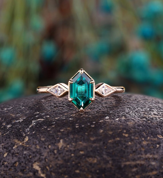 Vintage Hexagon Emerald Engagememt Ring Rose Gold Ring Kite Shape CZ Ring Three Stone Ring Anniversary Promise Bridal Ring  gift for her