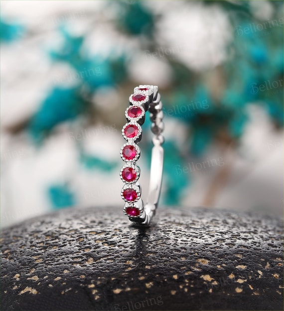 Ruby Straight Wedding Band Unique White Gold Half Eternity