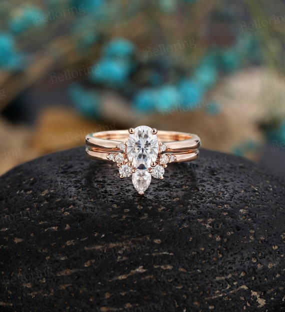 Moissanite Engagement Ring Set Women Yellow Gold Vintage Wedding Ring  Bridal Set Anniversary Ring Set - AmandaFineJewelry
