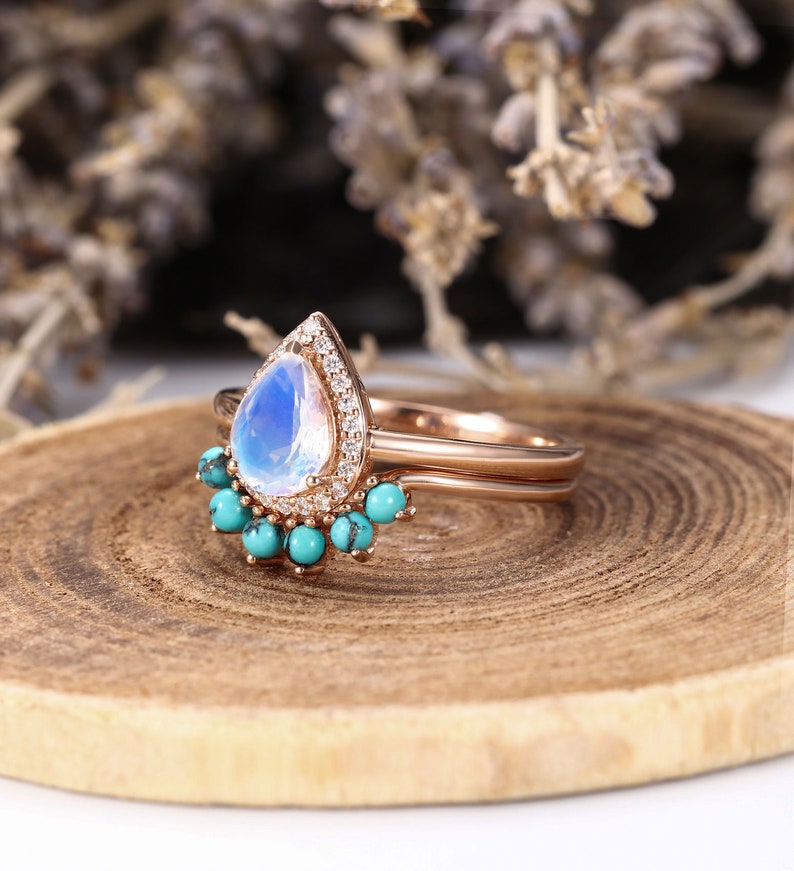 Vintage moonstone engagement ring set art deco diamond halo rings turquoise curved stacking band pear shaped anniversary bridal set image 6